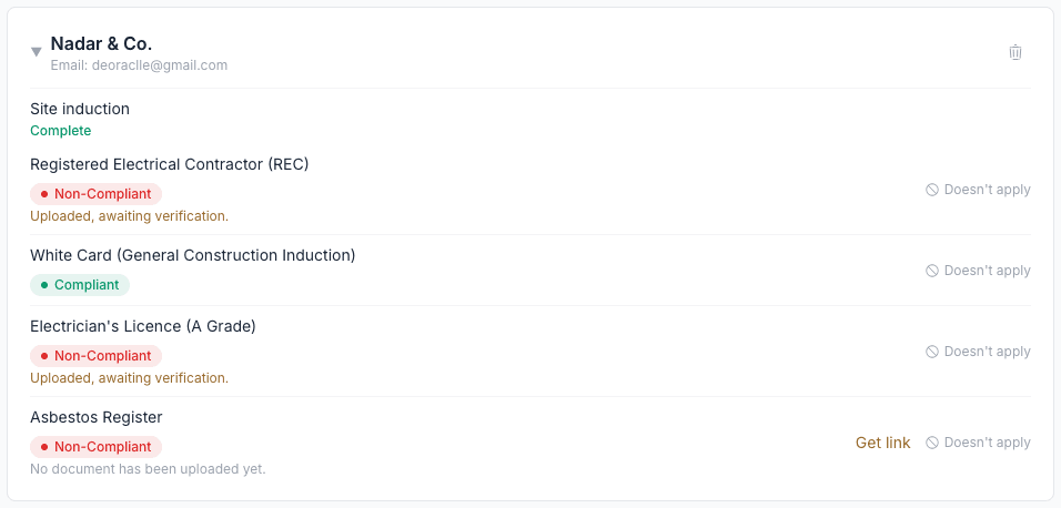 A Tradie's compliance rows showing Novato Vault-shared documents as 'Uploaded, awaiting verification' next to one still needing a manual upload link